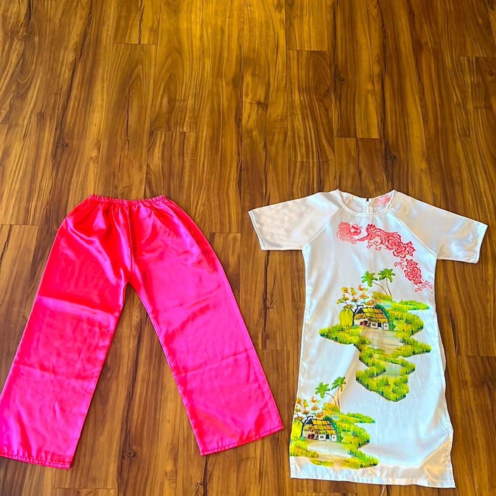 Cute Vietnamese traditional dress pink and white